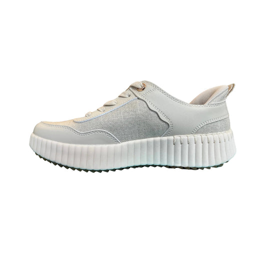 Cream low-top sneaker with mesh panels, lace-up front, and a ribbed platform sole