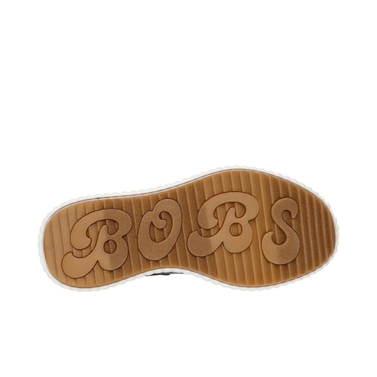 Shoe outsole with brown tread and large raised BOBS lettering