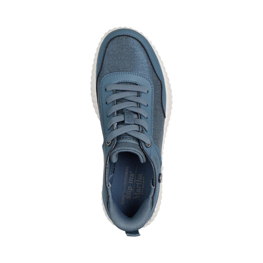 Blue lace-up sneaker with mesh and synthetic overlays, white ridged sole, top view