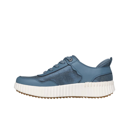 Blue lace-up sneaker with a chunky white platform sole and textured mesh panels