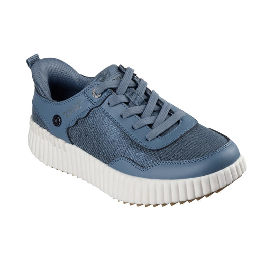 Blue low-top sneaker with mesh upper, wide laces, and a thick white ribbed sole