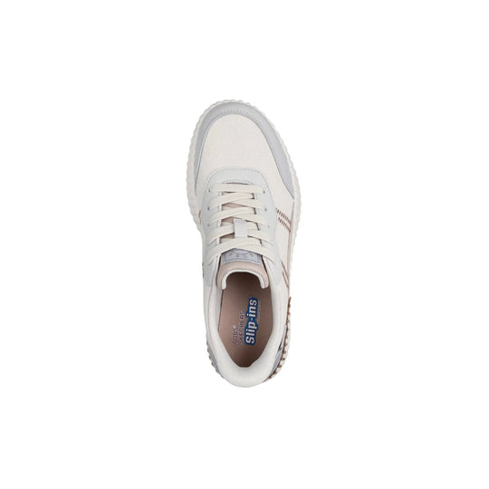White low-top sneaker with lace-up front and ribbed sole, viewed from above