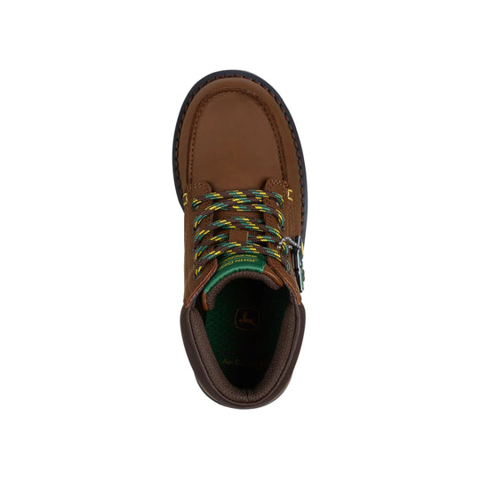 Brown leather hiking boot with multicolor laces, side zipper, and visible John Deere tongue label.