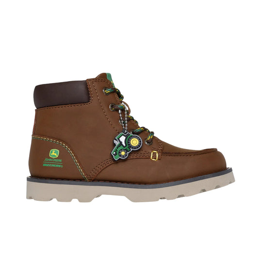 Brown leather kids' ankle boot with multicolor laces, green stitching, and a white lug sole