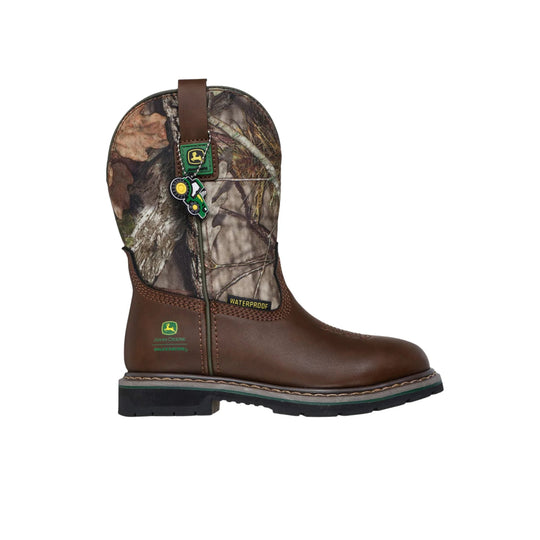 Brown pull-on waterproof boot with camouflage shaft and John Deere logo accents