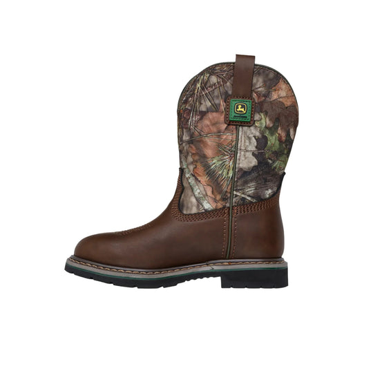 Brown pull-on boot with camouflage shaft, black tread sole, and a John Deere logo patch