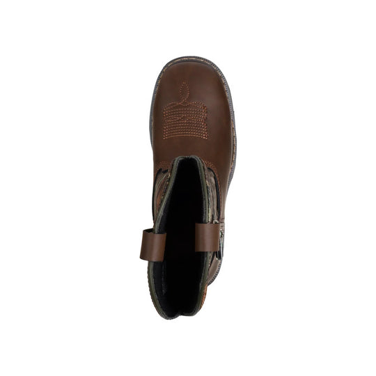 Brown pull-on ankle boot viewed from above with a rounded toe, stitched toe detail, and side tabs