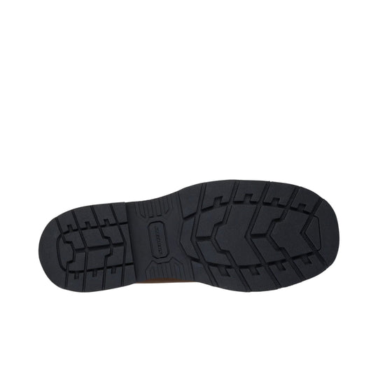 Black boot outsole with deep tread and molded Skechers logo