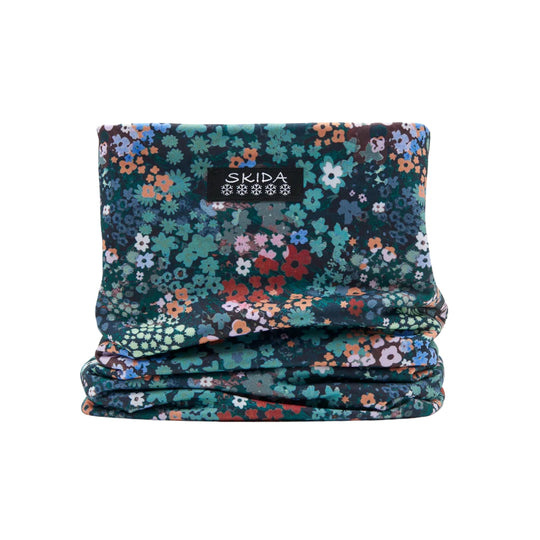 Floral patterned fleece neck warmer with a SKIDA label