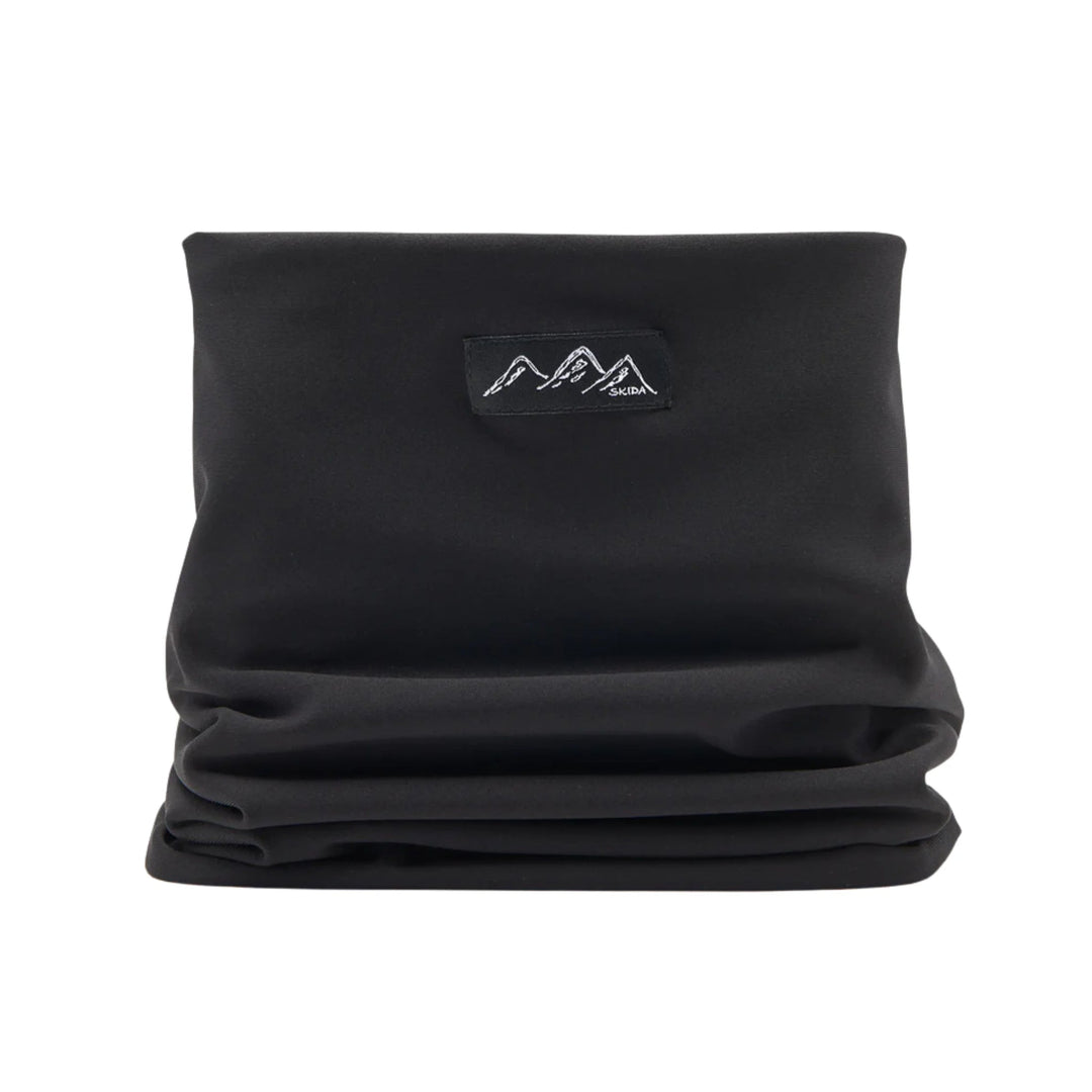 Black fleece neck warmer with a small mountain logo patch