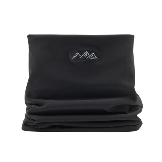 Black fleece neck warmer with a small mountain logo patch