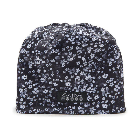 Black floral knit beanie with a SKIDA patch on the front
