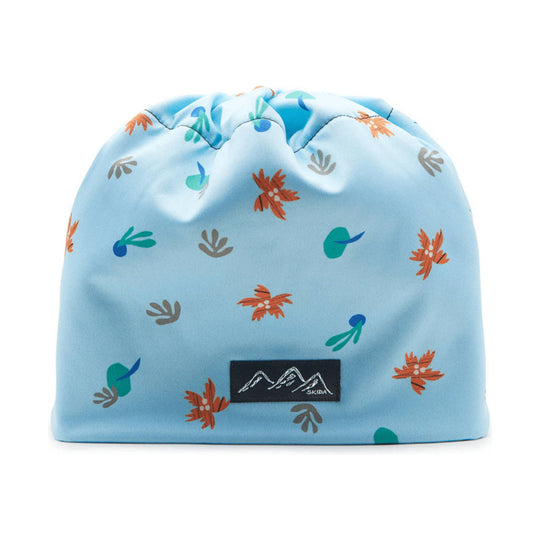 Light blue patterned beanie with a black Skida label