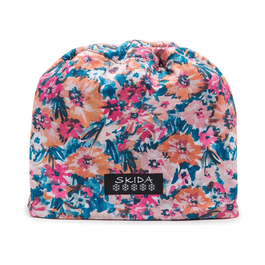 Floral beanie with folded brim and black logo patch