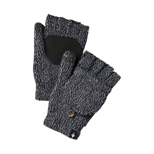 Gray and black knit fingerless mitts with flip-back flap and button detail