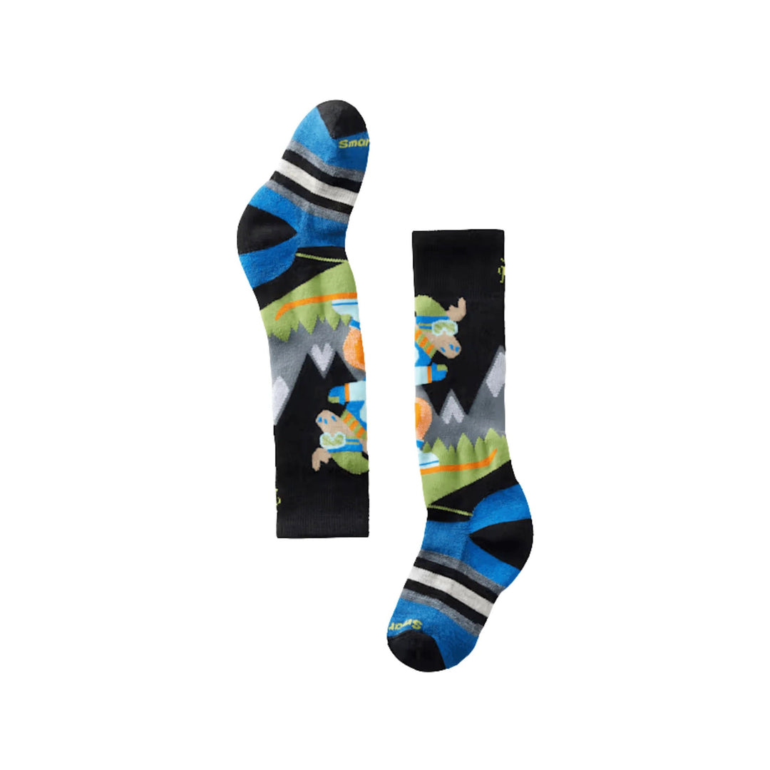 Black knee-high socks with blue, gray, green, and orange mountain moose pattern.