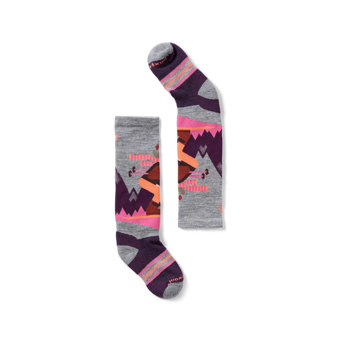Pair of patterned over-the-calf socks in gray, purple, pink, and orange