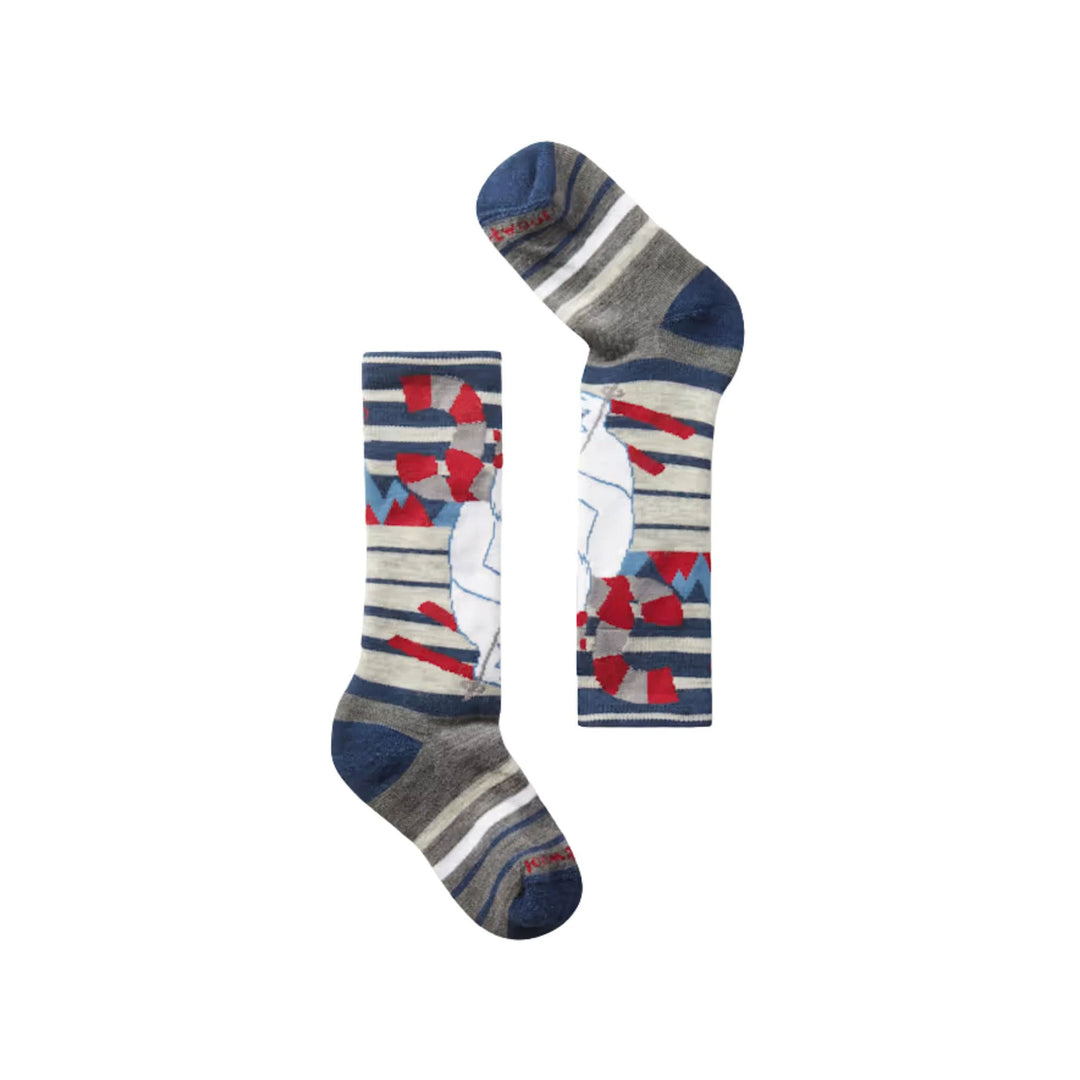 Pair of patterned over-the-calf socks with navy, gray, white, and red stripes and geometric accents