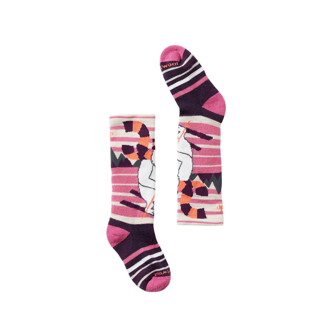 Pair of patterned knee-high socks in pink, purple, white, and orange