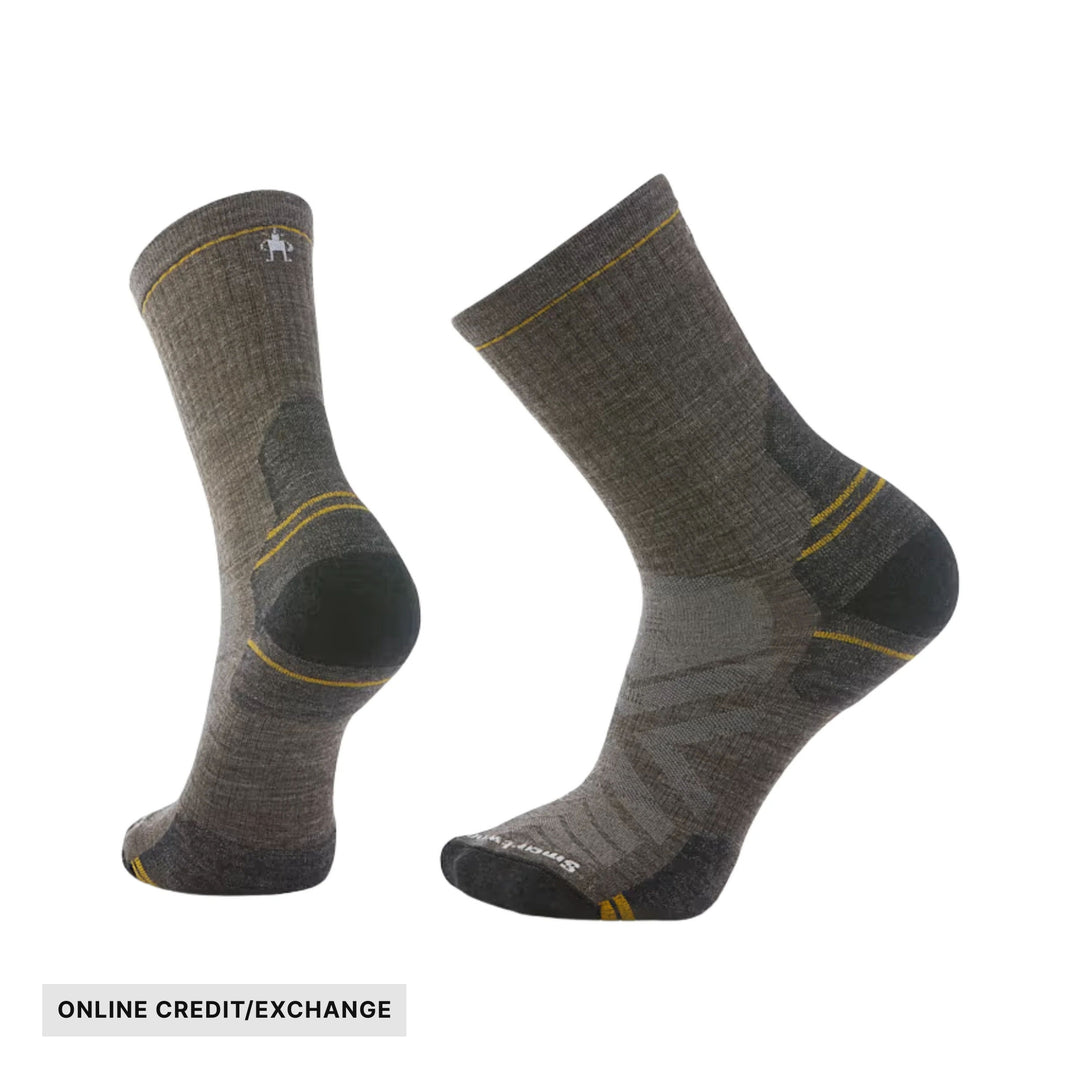 Pair of taupe and charcoal hiking crew socks with yellow accents and cushioned heels and toes; ONLINE CREDIT/EXCHANGE
