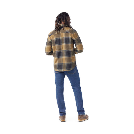 Plaid shirt jacket shown from the back, in tan, black, and blue, worn with jeans