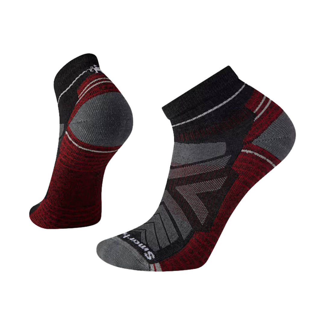Pair of black, gray, and red ankle hiking socks with cushioned heels and toes