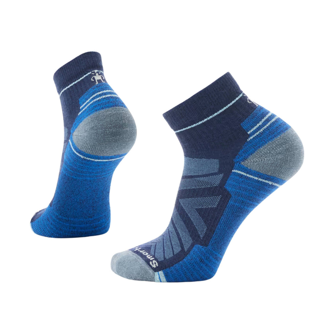 Blue and navy ankle hiking socks with gray heel and toe cushioning, shown front and back on a white background