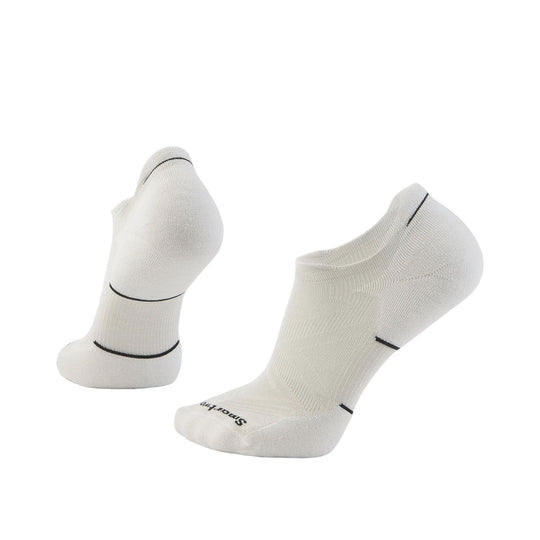 White no-show running socks with black stripe accents, shown in two side views