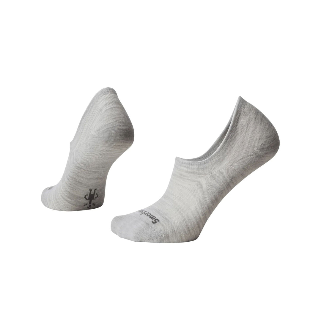 Light gray no-show socks shown as a pair, one upright and one lying on its side, with Smartwool text visible.