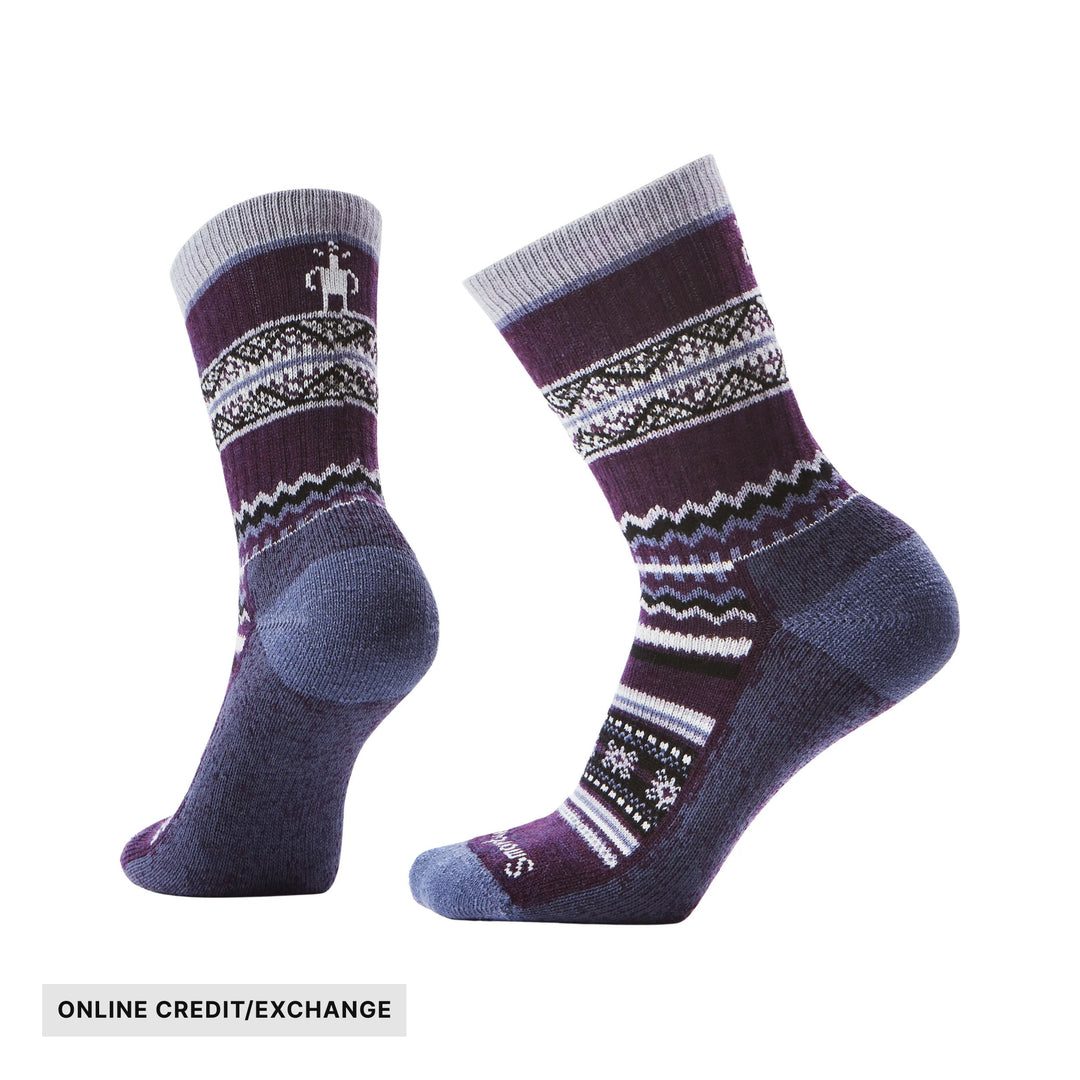 Pair of purple patterned crew socks with ribbed cuffs and gray toes, shown side by side