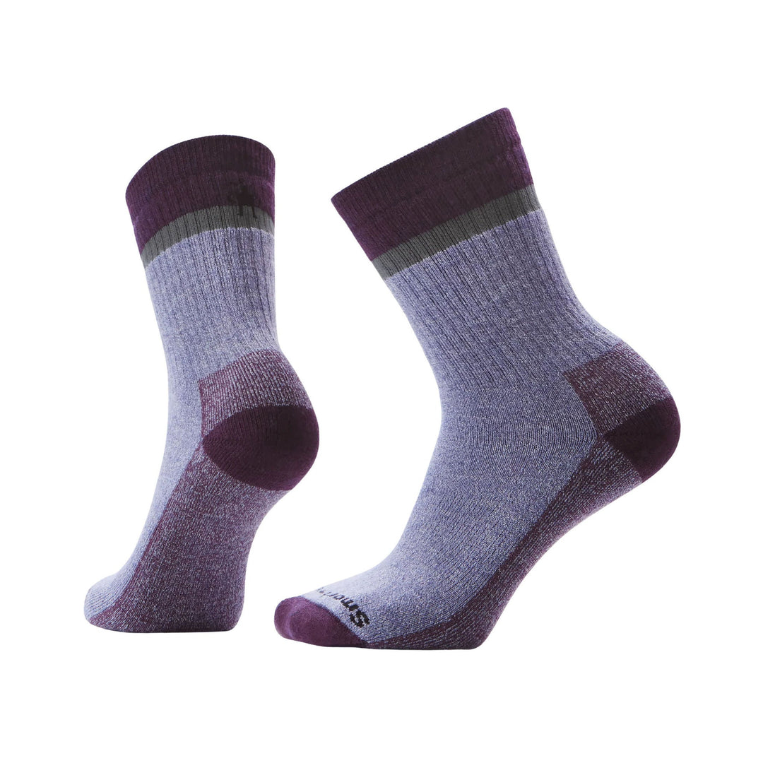 Pair of crew socks with purple and gray color blocks and visible Smartwool text near the toe