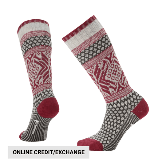 Patterned crew socks in red, white, and gray shown in two views with ribbed cuffs and black heel and toe