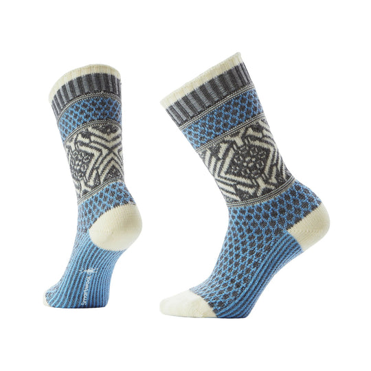 Pair of blue, gray, and cream patterned crew socks with ribbed cuffs and visible Smartwool branding