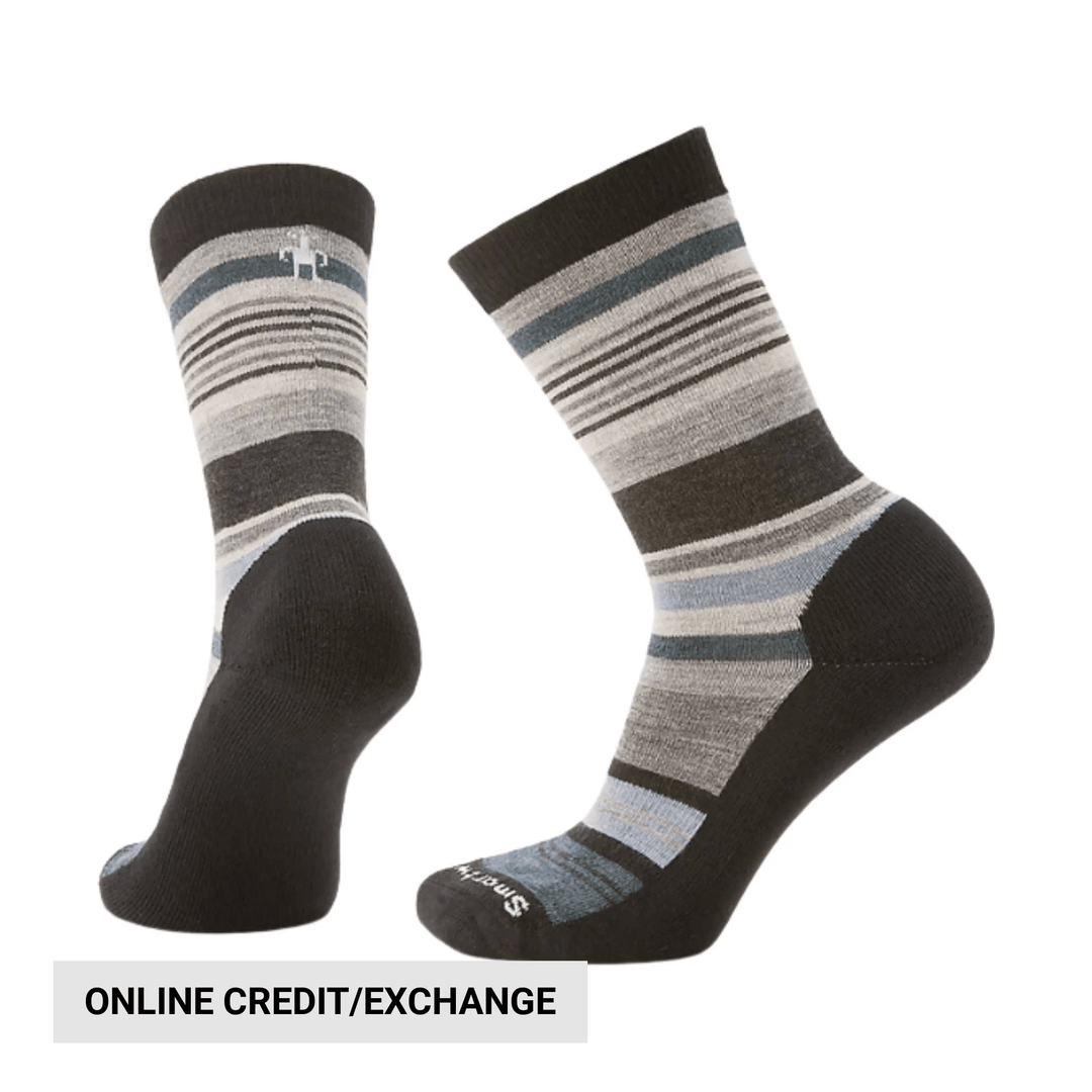 Pair of striped crew socks with dark heel and toe, shown on a white background