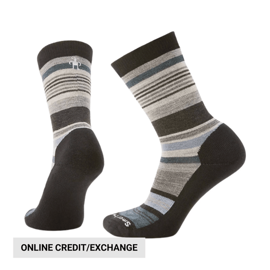 Pair of striped crew socks with dark heel and toe, shown on a white background