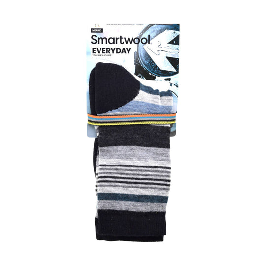 Pair of striped crew socks on retail packaging