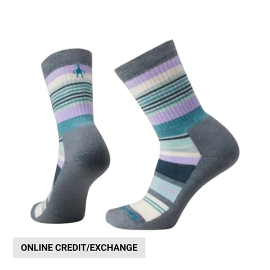 Patterned crew socks with gray heels and toes and an "ONLINE CREDIT/EXCHANGE" label