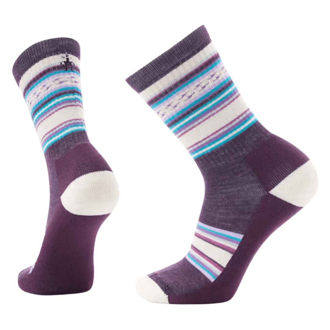 Purple crew socks with white heel and toe, striped cuff and leg pattern