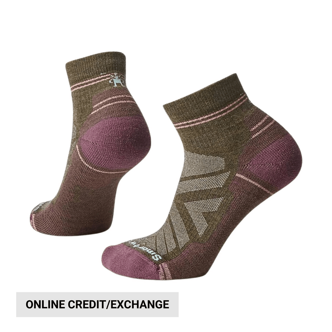 Pair of olive and plum ankle hiking socks with cushioned heel and toe
