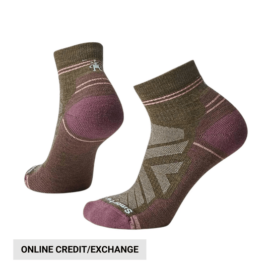 Pair of olive and plum ankle hiking socks with cushioned heel and toe