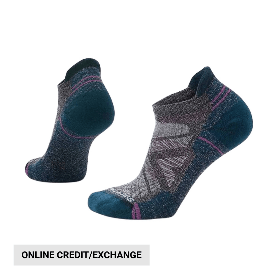 Pair of low-cut hiking socks in dark blue, gray, and pink with visible cushioning