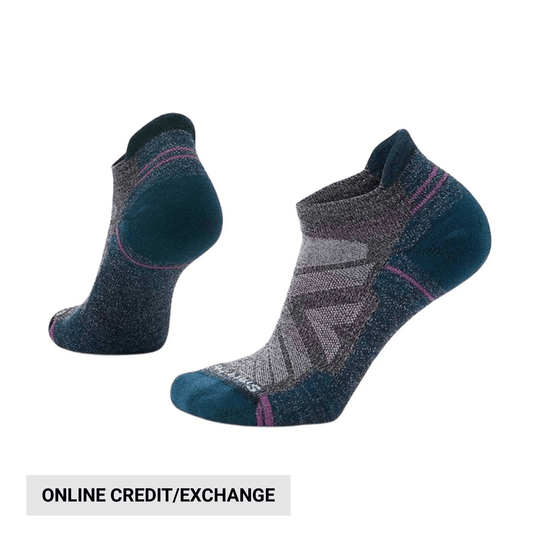 Pair of low-cut hiking socks in dark blue, gray, and pink with visible cushioning