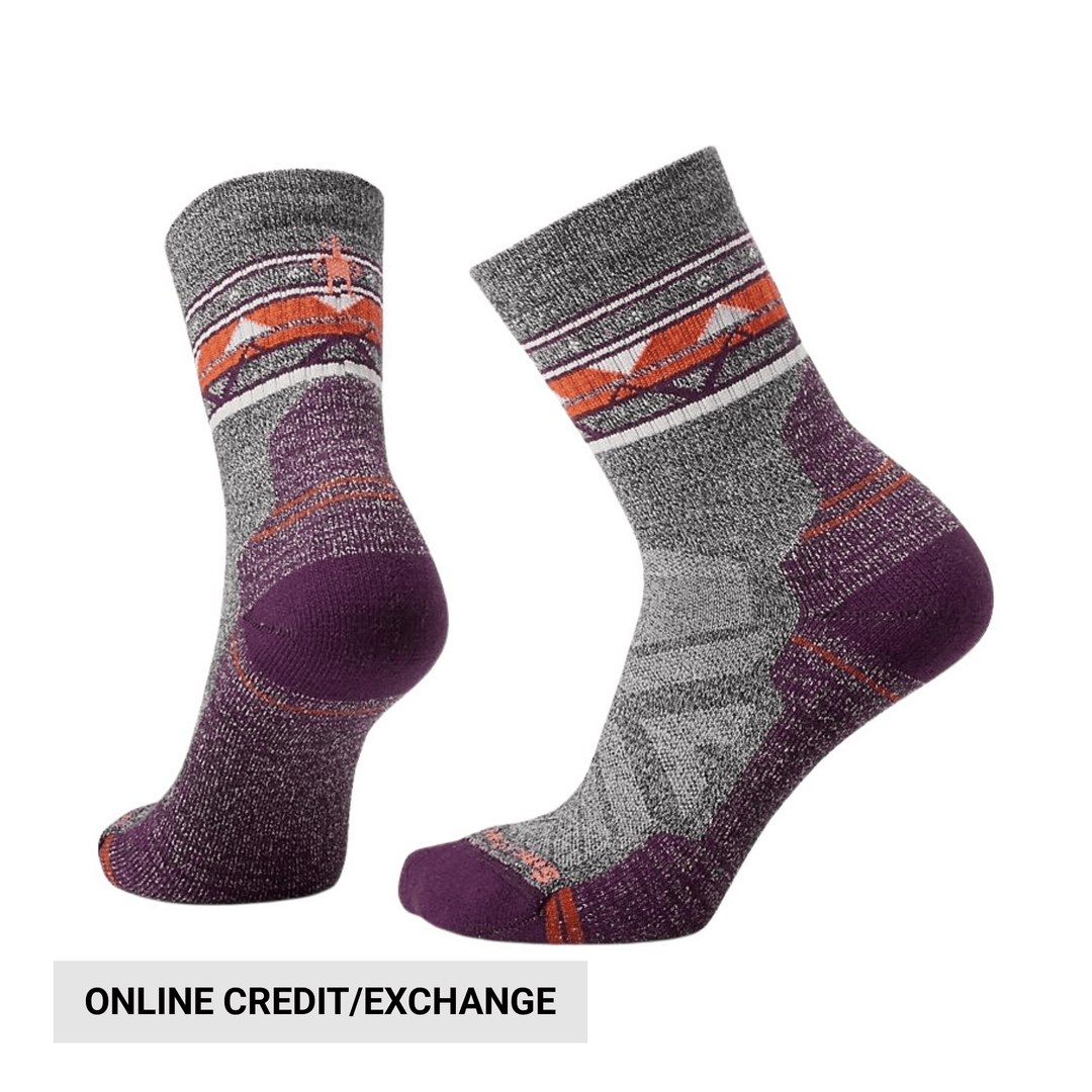 Gray and purple patterned crew socks with orange stripes, shown in two angled views