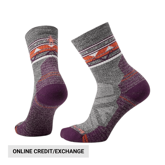Gray and purple patterned crew socks with orange stripes, shown in two angled views