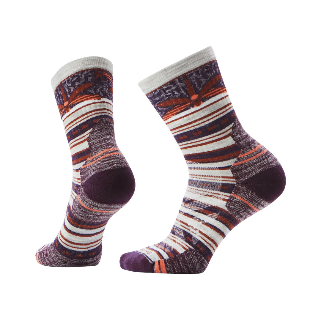 Pair of patterned mid crew socks in white, purple, rust, and orange stripes