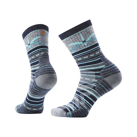 Pair of patterned mid-crew hiking socks in navy, gray, and light blue with cushioned heels and toes