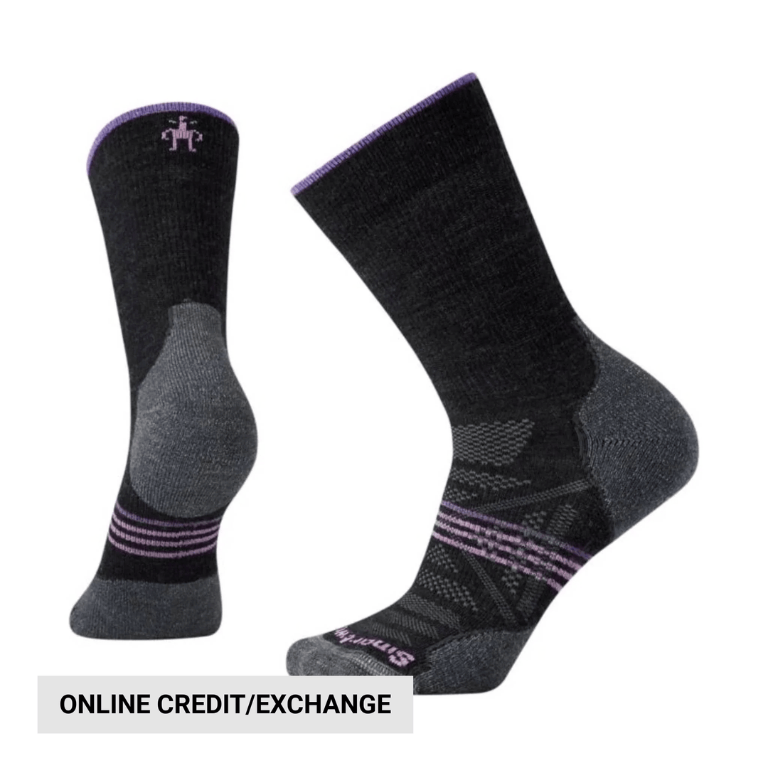Black and gray crew socks with purple trim and striped accents, shown from front and side views