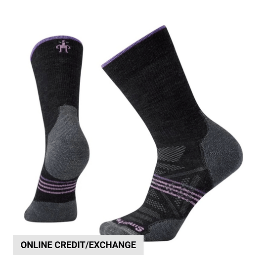 Black and gray crew socks with purple trim and striped accents, shown from front and side views