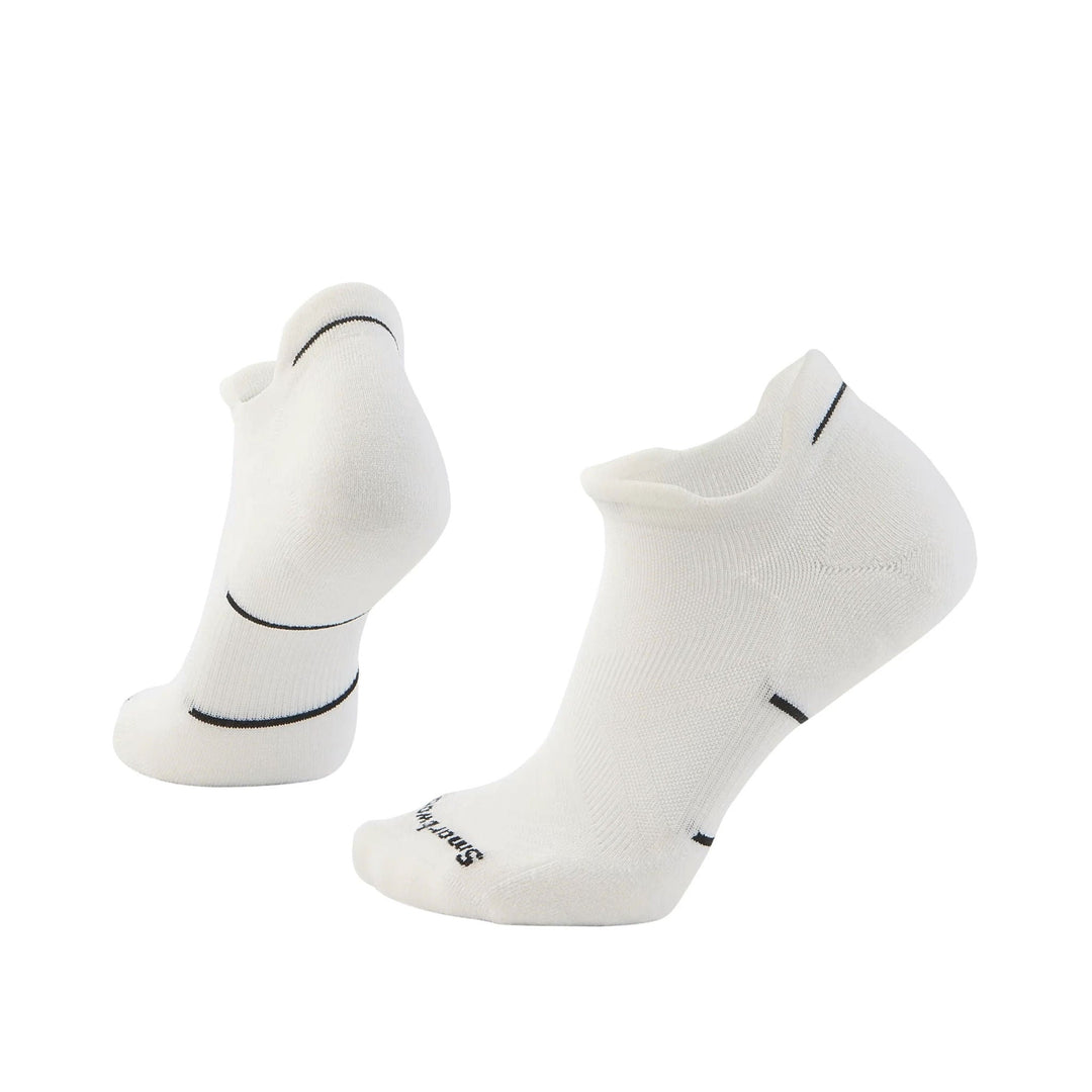 White no-show running socks with black trim and visible Smartwool text
