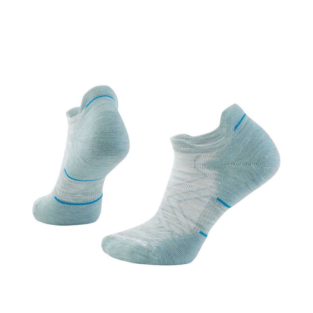 Light blue no-show running socks with blue accent lines, shown from side and back views
